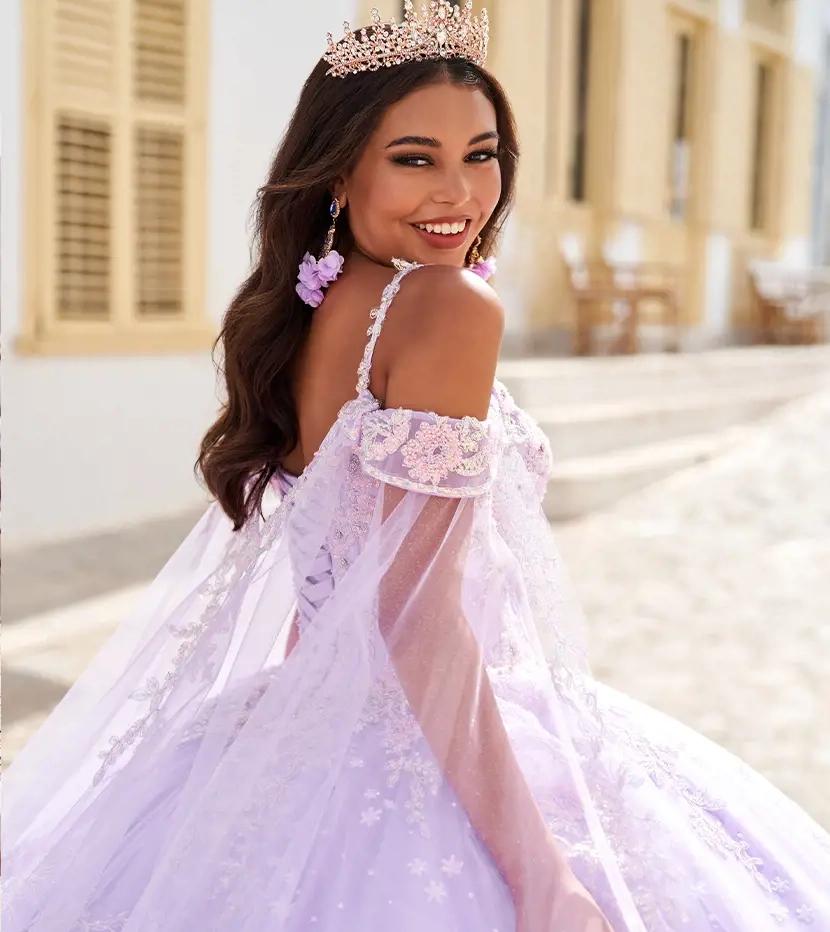 Model wearing a lilac evening dress
