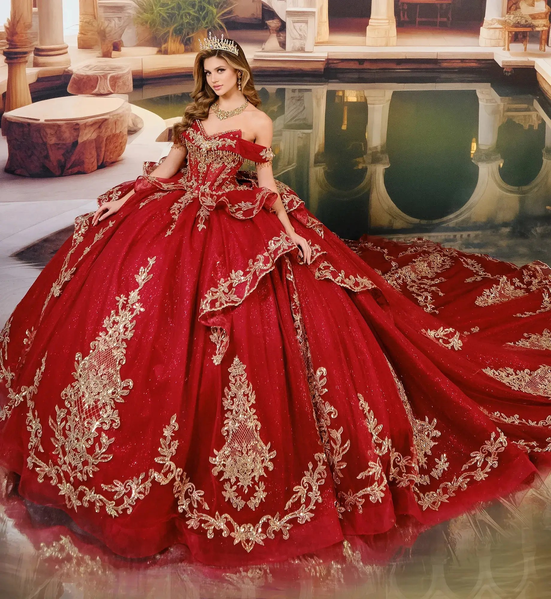 Model is wearing an off the shoulder regal red quinceanera dress