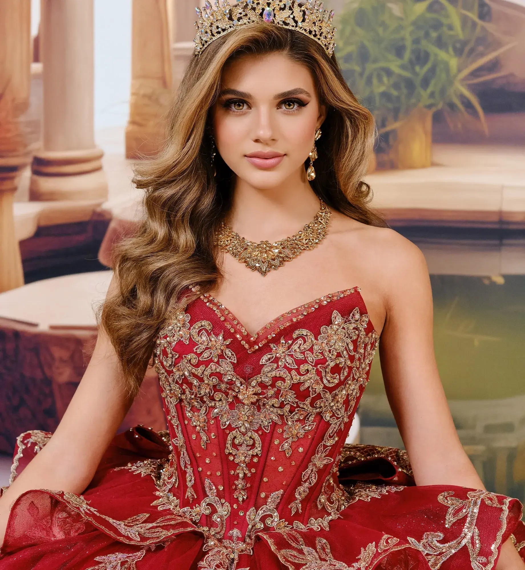 Model is wearing an off the shoulder regal red quinceanera dress