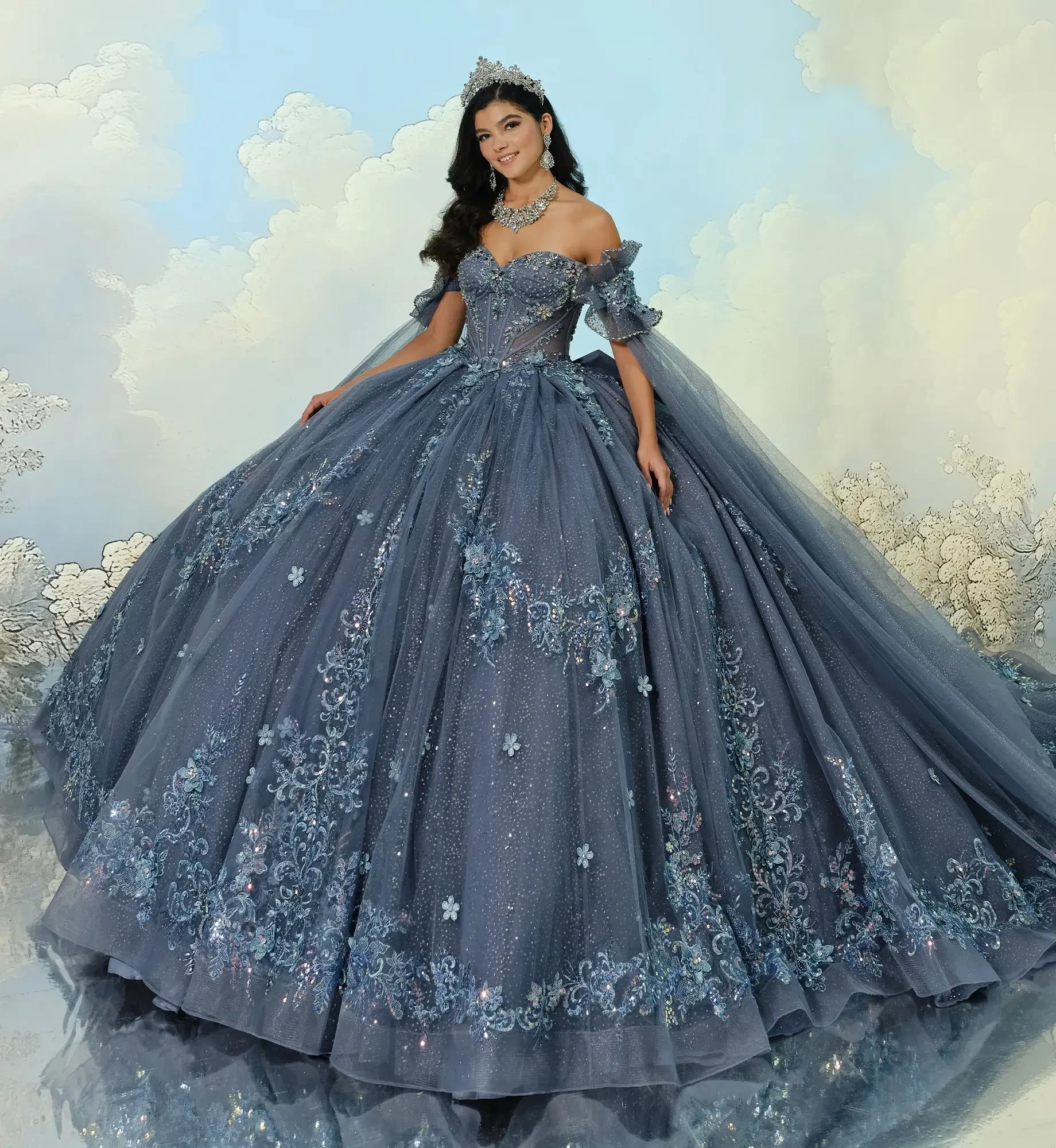 model is wearing a slate ball gown quince dress