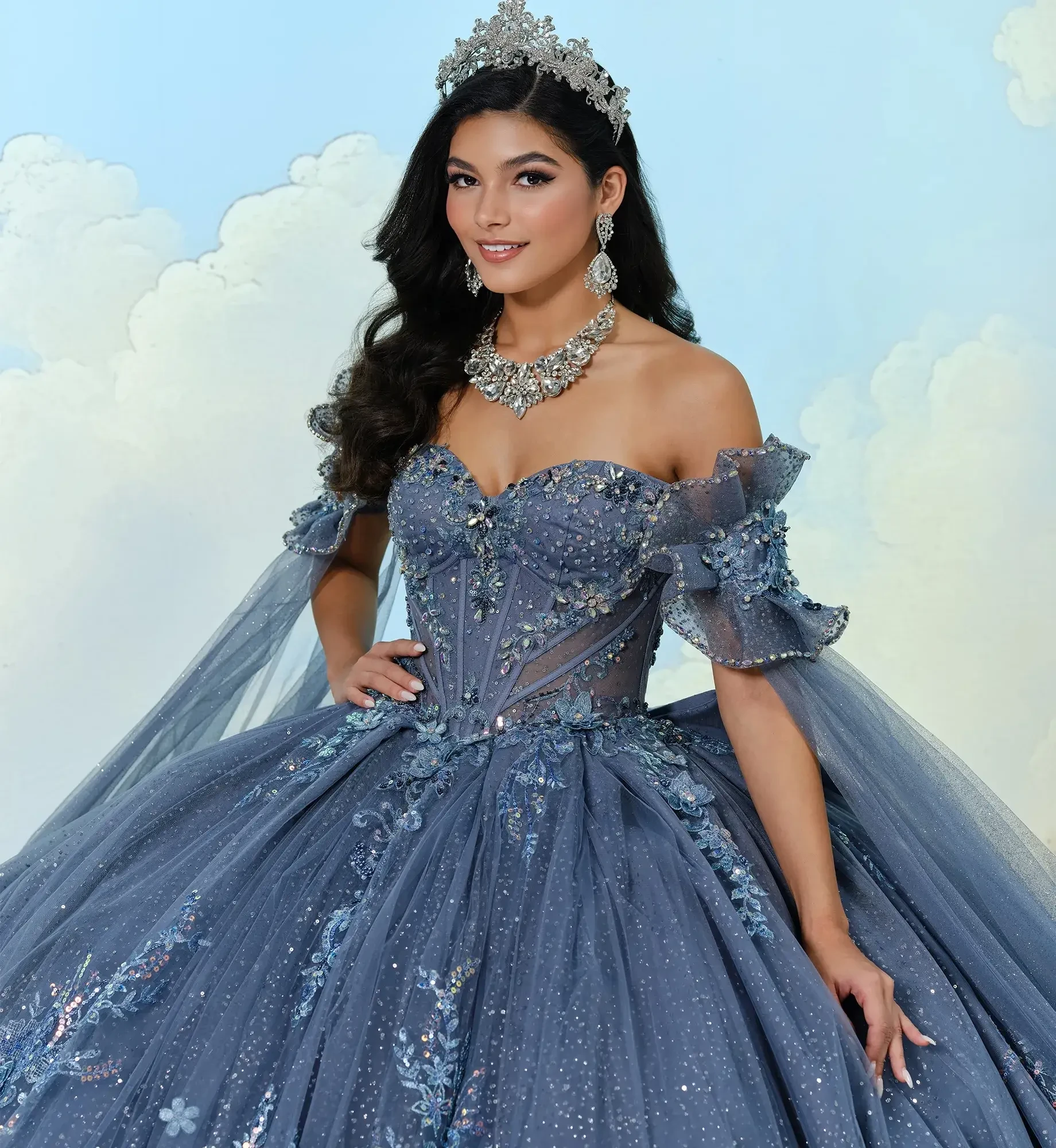 model is wearing a slate ball gown quince dress