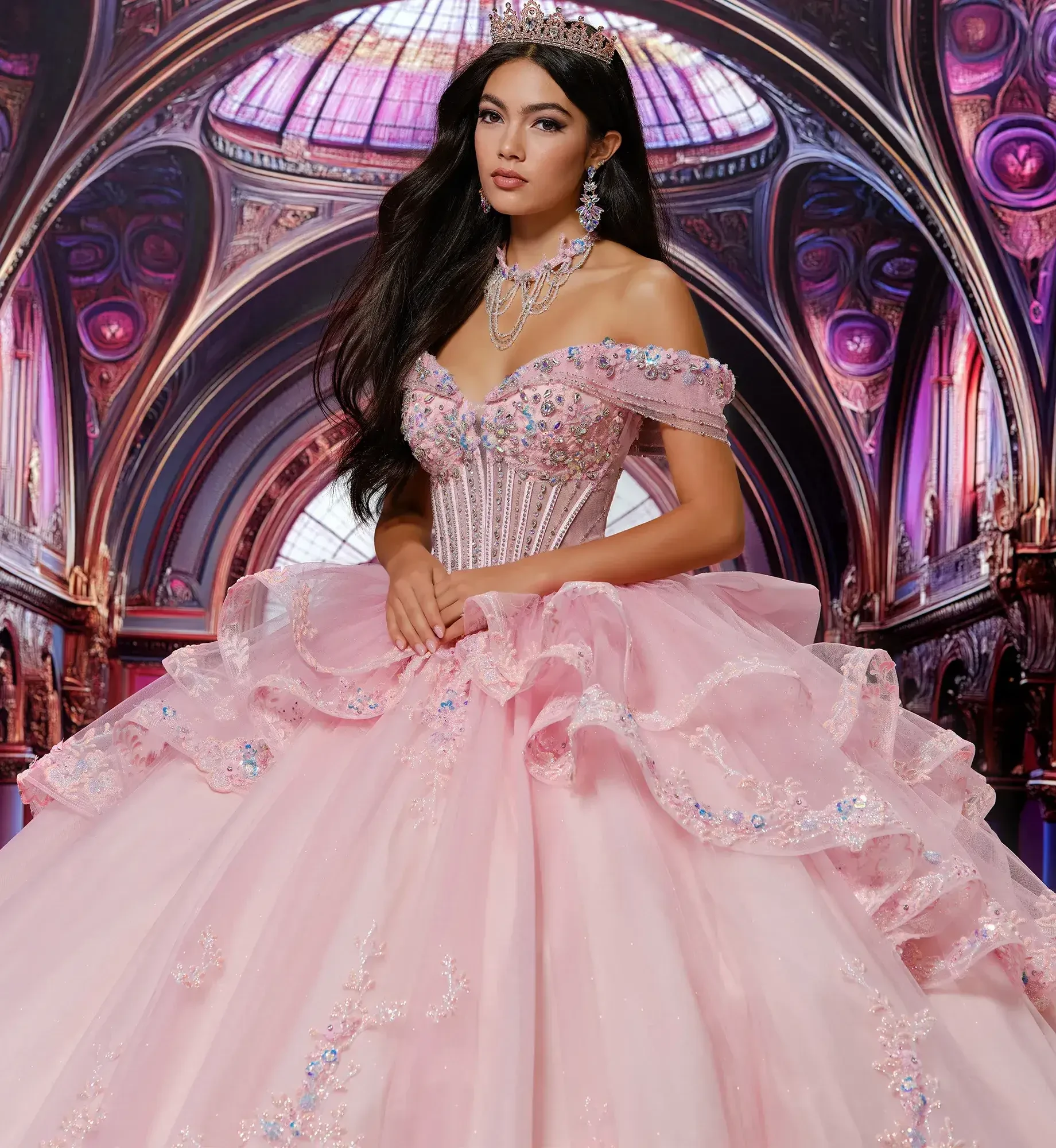 A woman in an opulent setting wears a pink ball gown with floral appliques and a jeweled tiara. The elegant scene exudes a regal, fairytale ambiance.