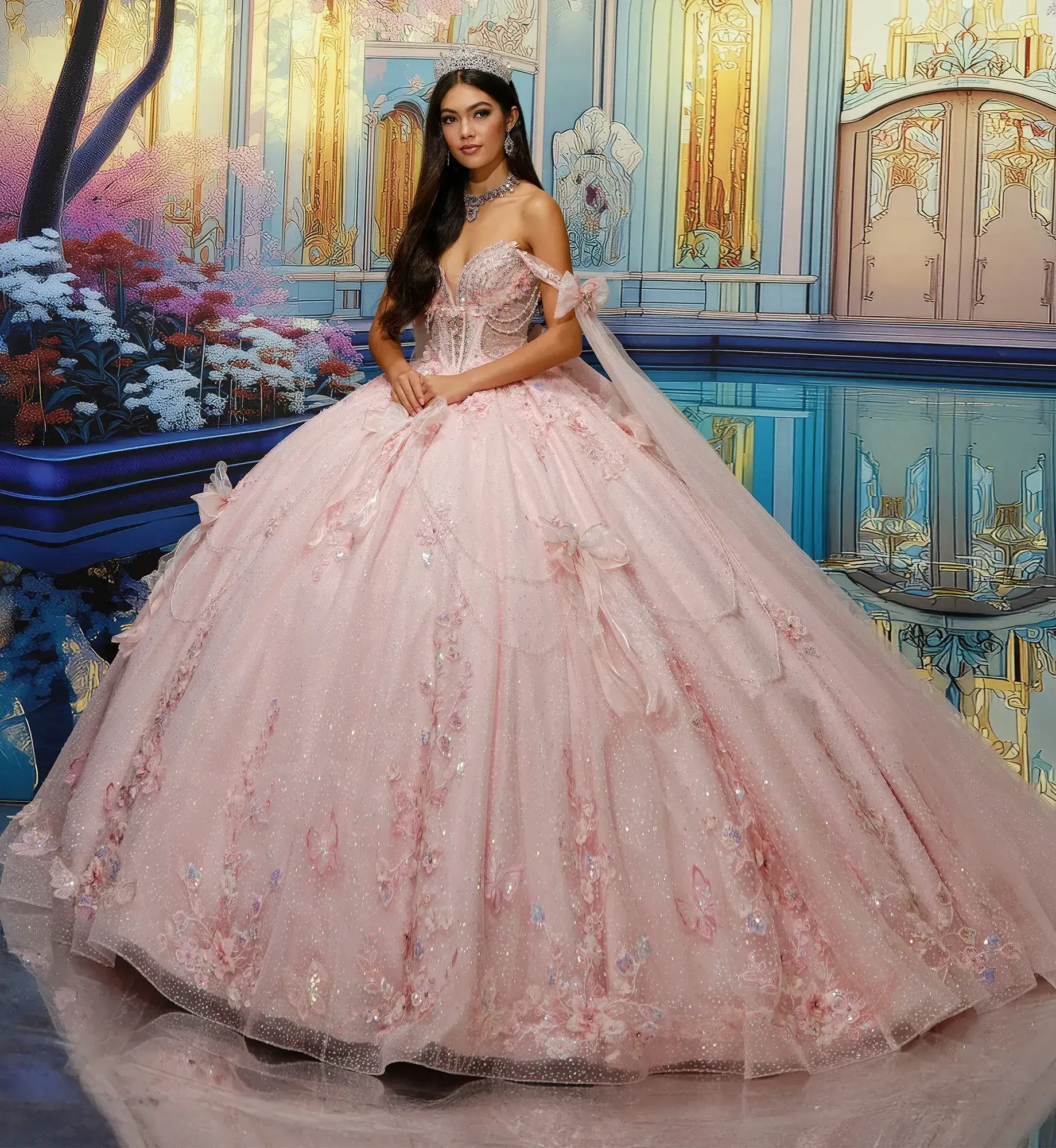 A woman in an elaborate, sparkling pink ball gown stands elegantly. The dress features floral details. A regal backdrop adds a fairytale ambiance.