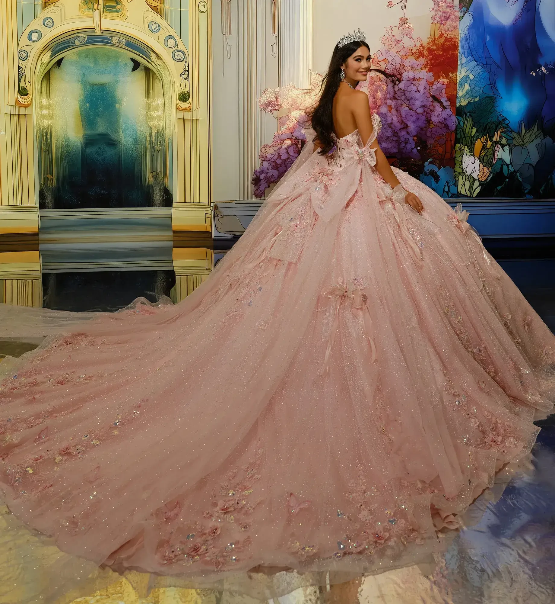 A woman in an elaborate, sparkling pink ball gown stands elegantly. The dress features floral details. A regal backdrop adds a fairytale ambiance.