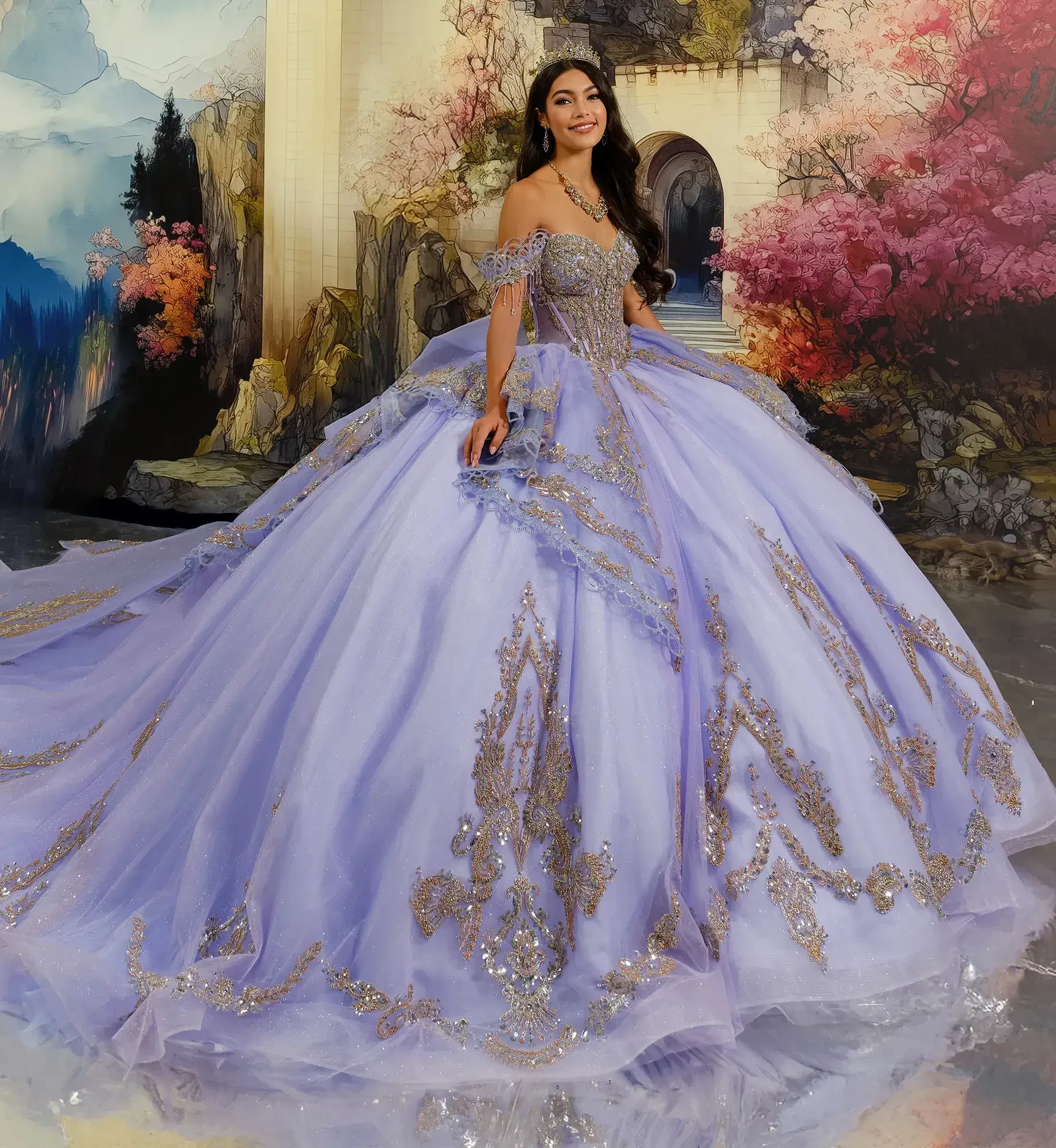 model is wearing a lavender and gold quince gown