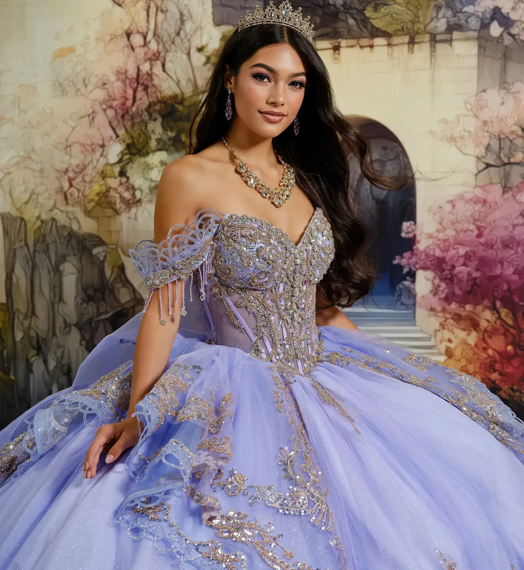 model is wearing a lavender and gold quince gown