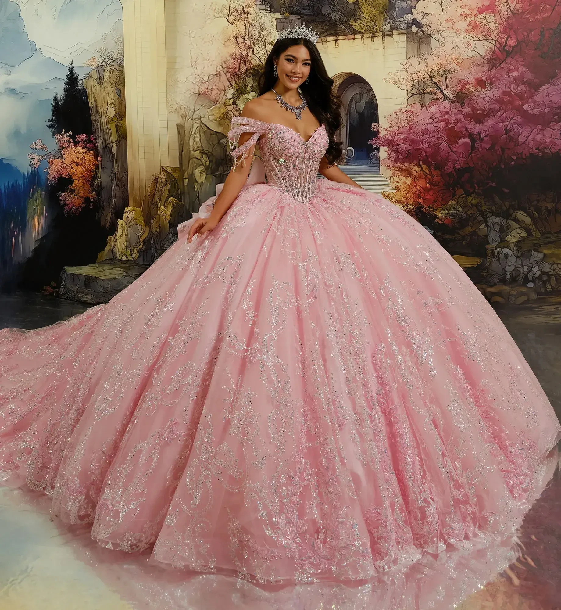 A woman in a sparkling pink ball gown stands smiling in front of a fairytale-like backdrop with arches and vivid autumn trees, exuding elegance.