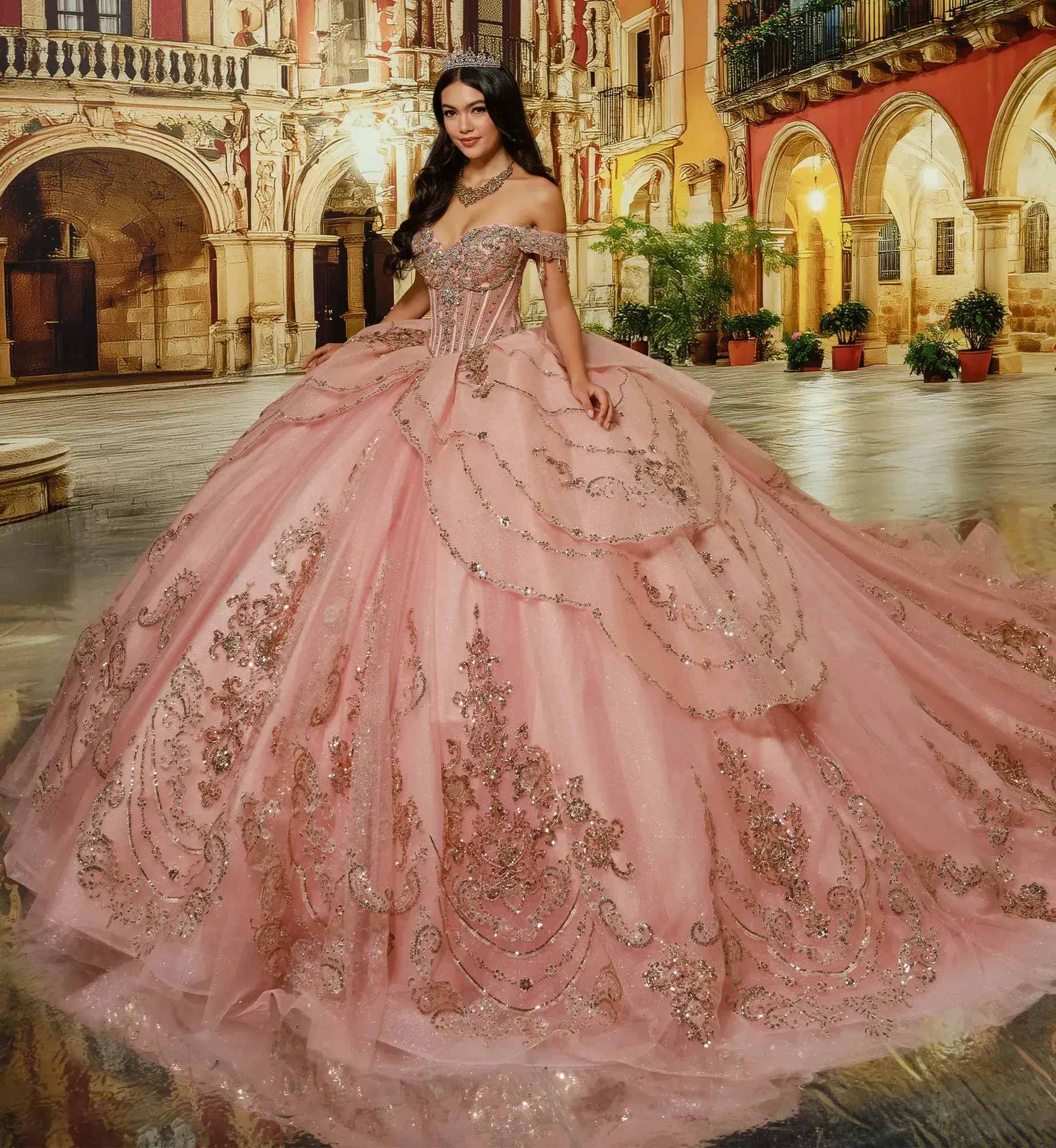 A woman in a lavish, pink ball gown with intricate embellishments stands in an ornate courtyard. The elegant scene conveys romance and grandeur.