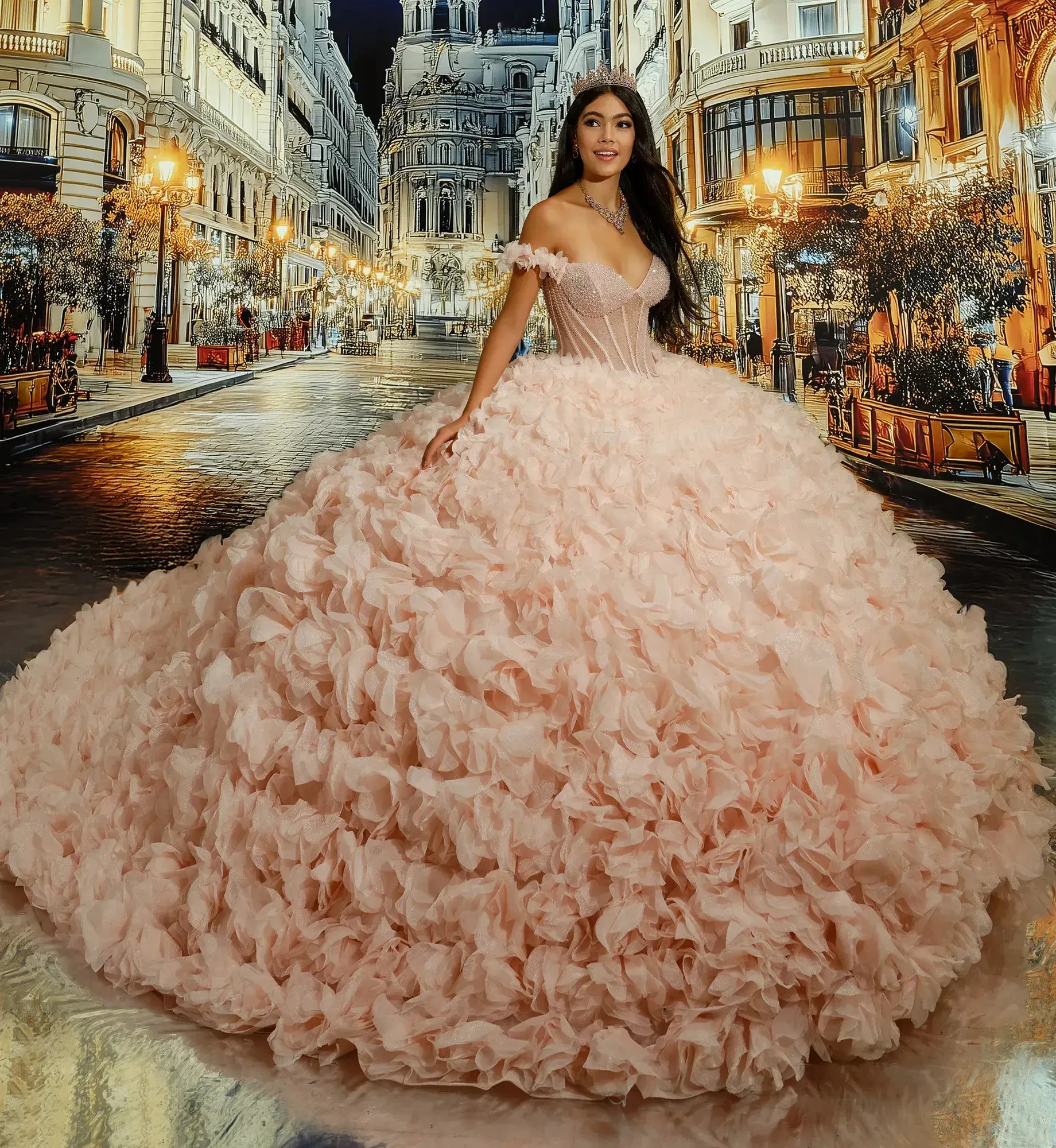 A woman in a voluminous pink ball gown stands in a cobblestone street with ornate buildings. The scene is elegant and romantic, with warm streetlights.
