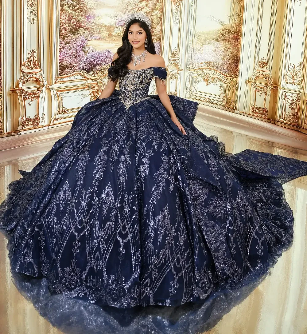A young woman wearing a lavish dark blue gown with intricate silver embroidery, standing gracefully in an ornate room with elegant decor.