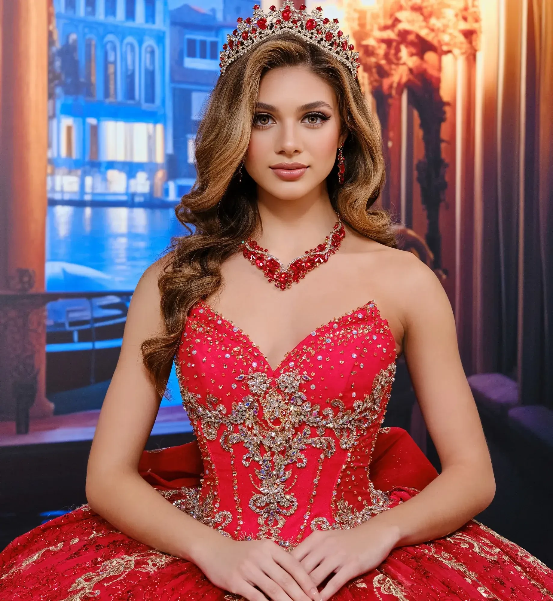 model is wearing a red strapless quince dress