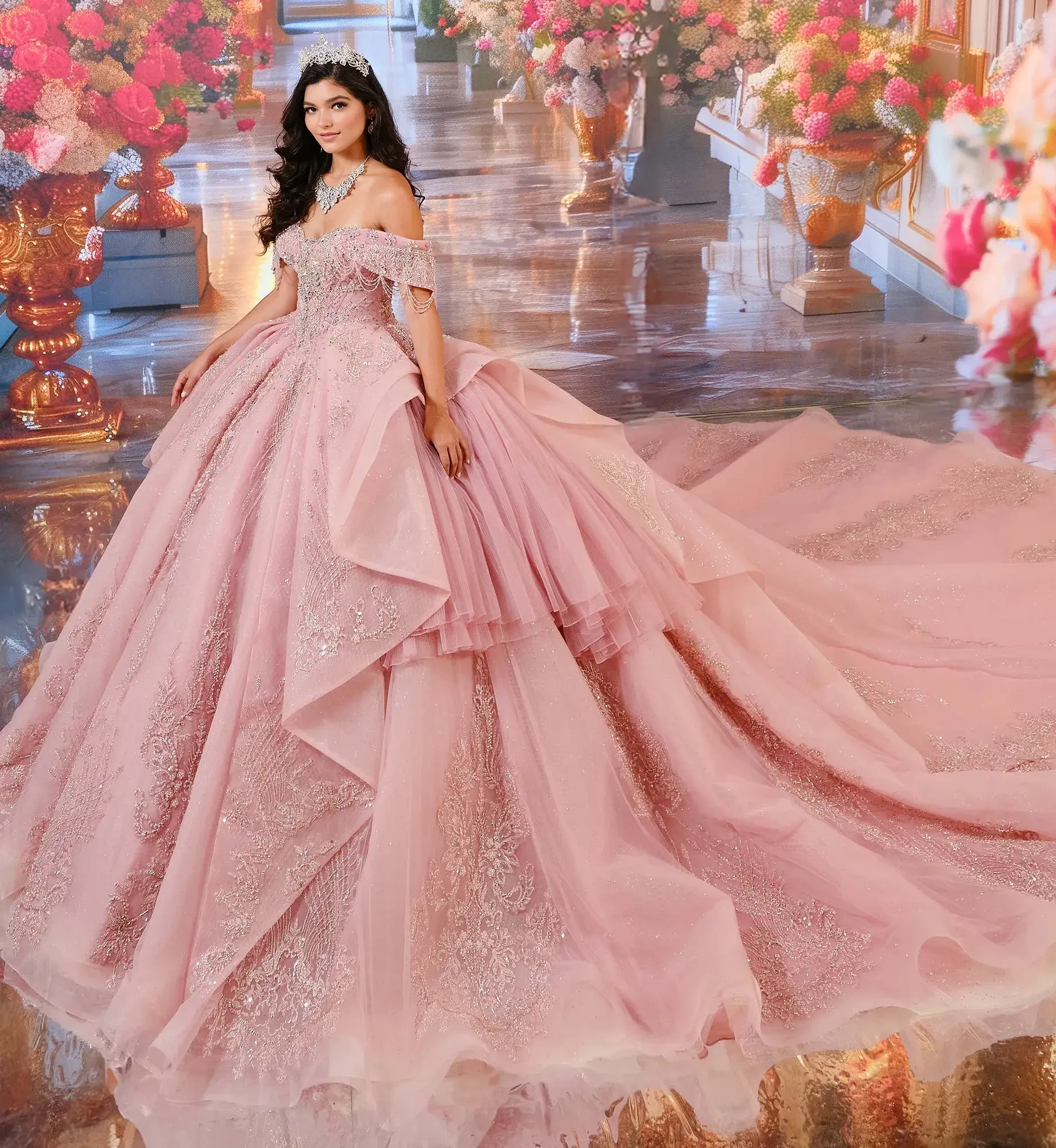 model is wearing a dusty rose quince dress with a layered skirt