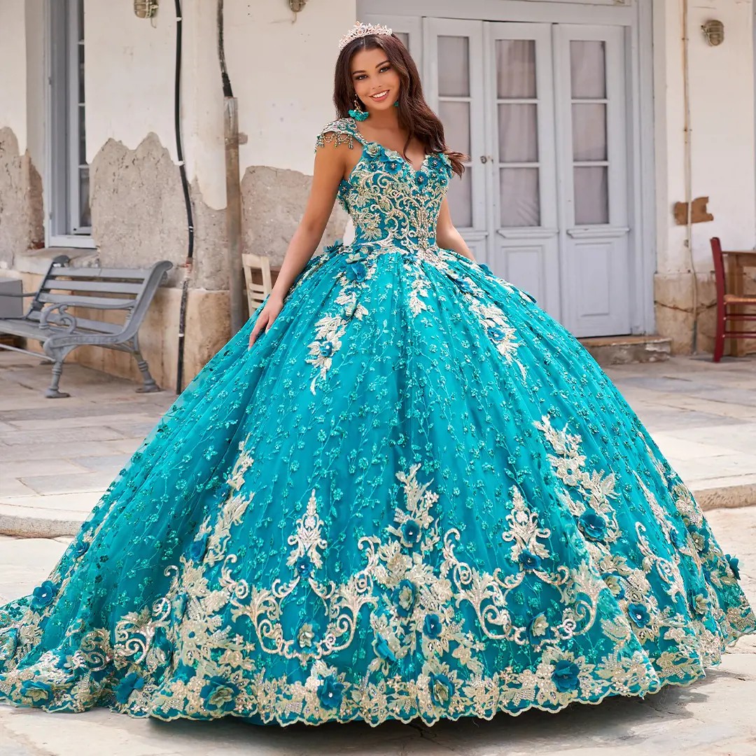 Model in jade gold Princesa by Ariana Vara quinceañera dress