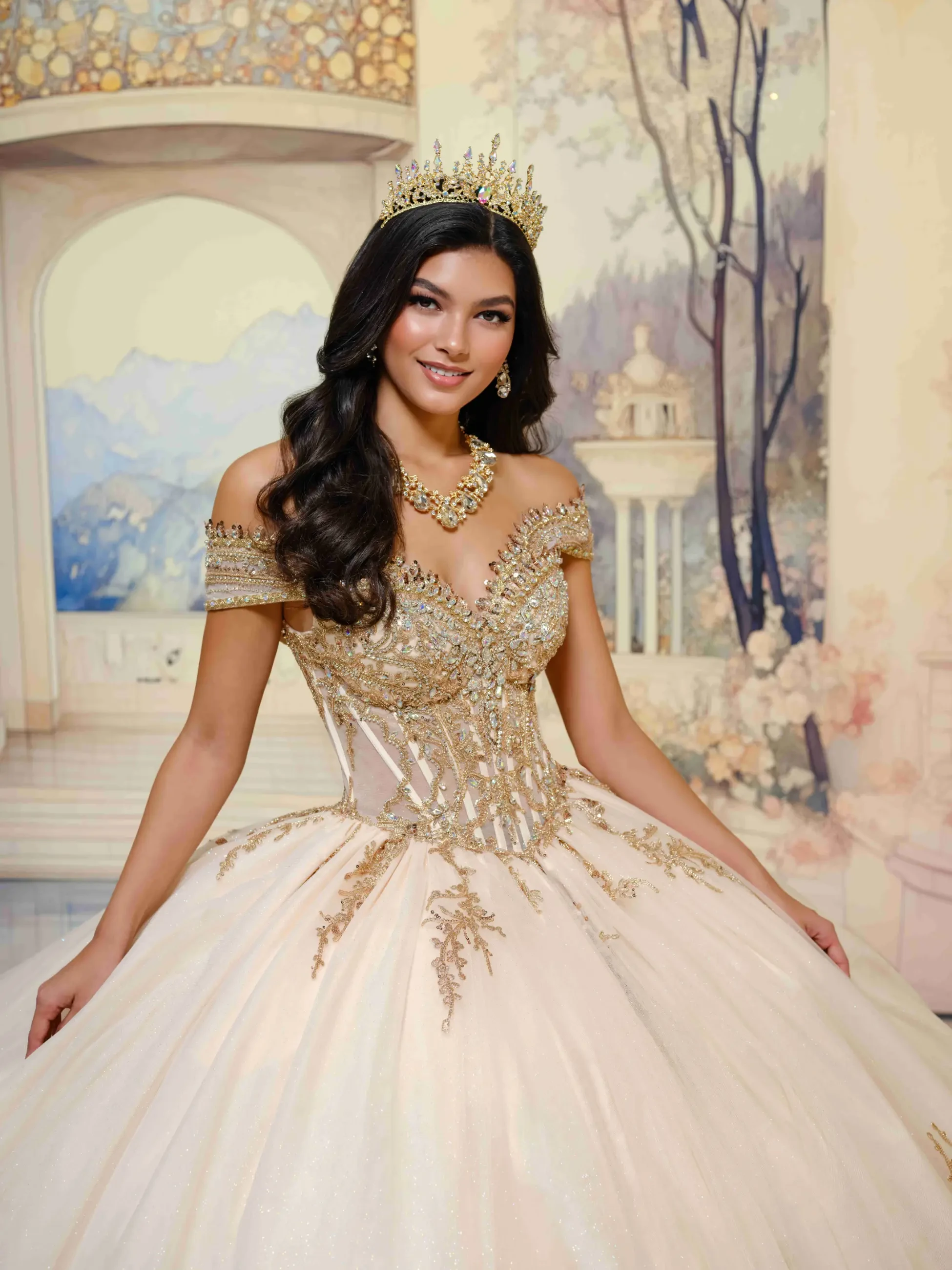 Semi-sheer corset quinceañera ball gown w/ stone details