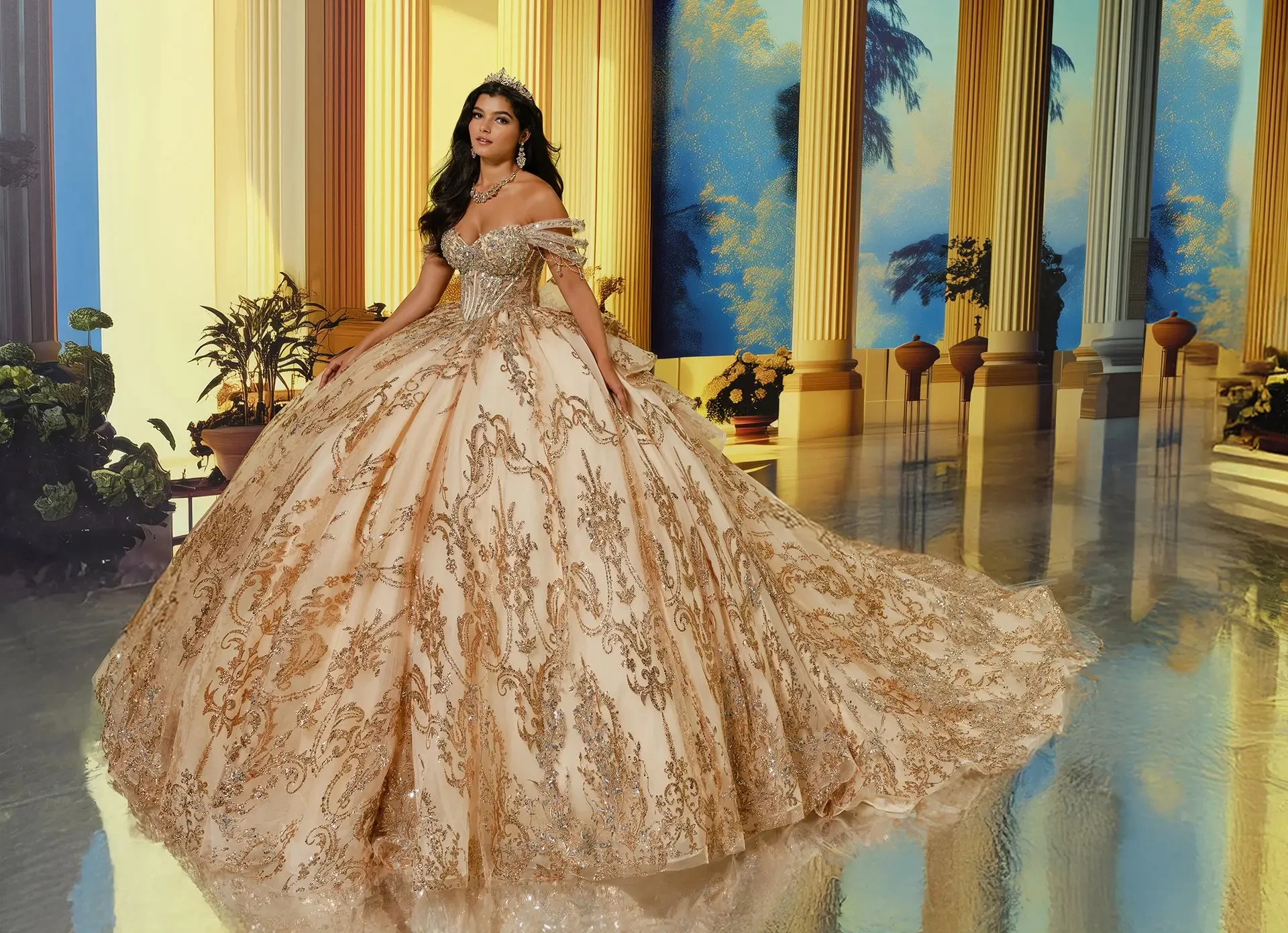 Style PR30228 Sweetheart Cracked Ice Ball Gown w/ Tiered Straps