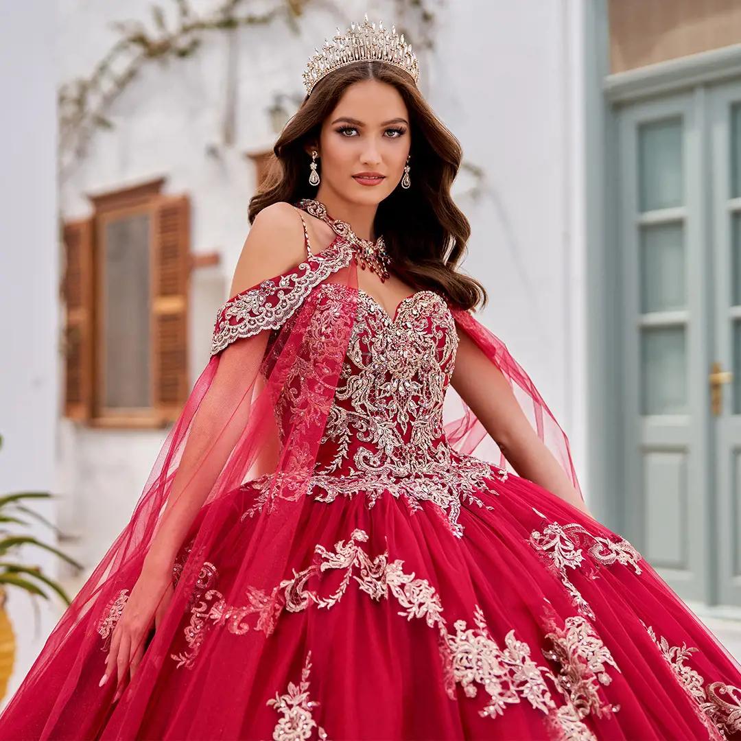Model in red Princesa by Ariana Vara quinceañera dress