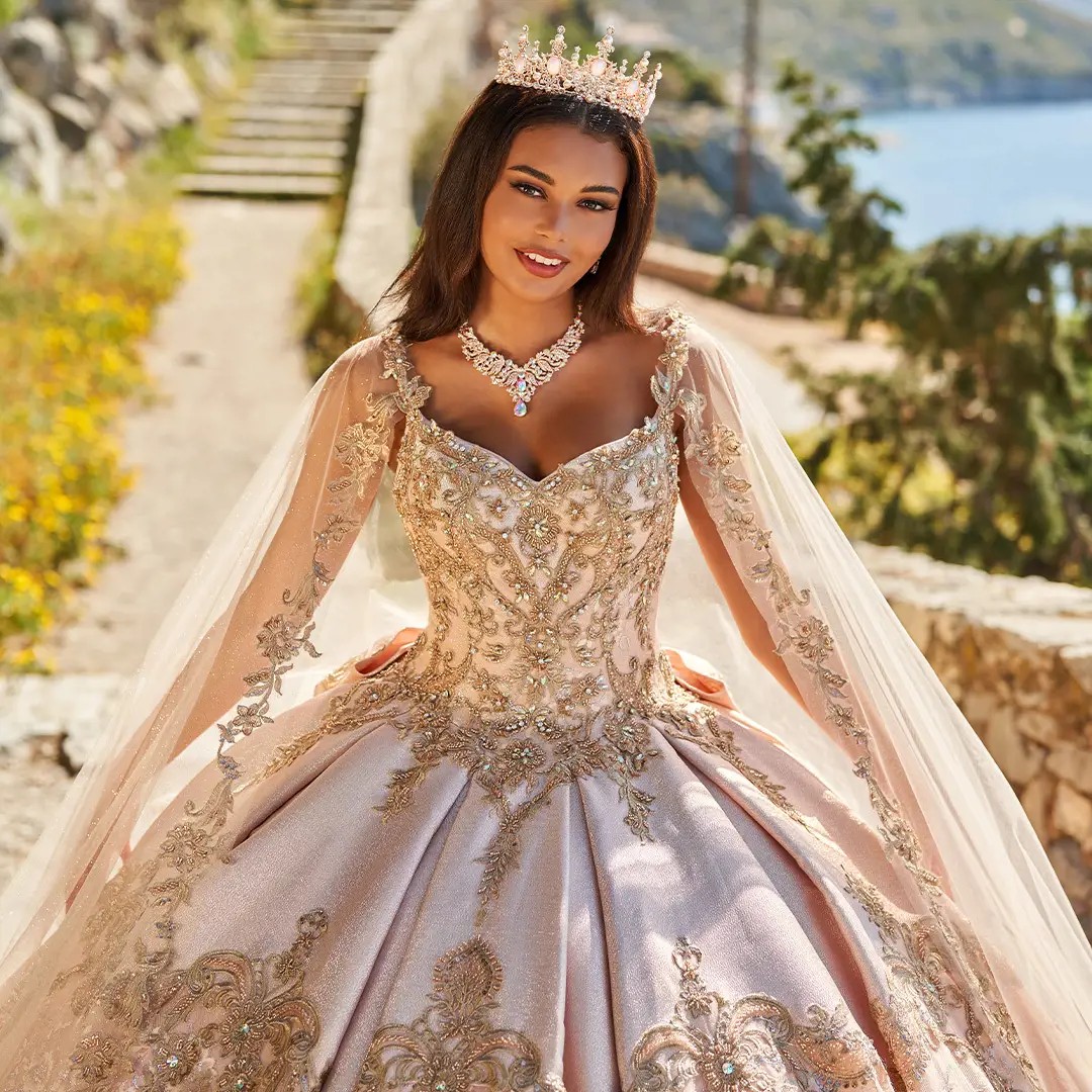 Model in rose gold Princesa by Ariana Vara quinceañera dress