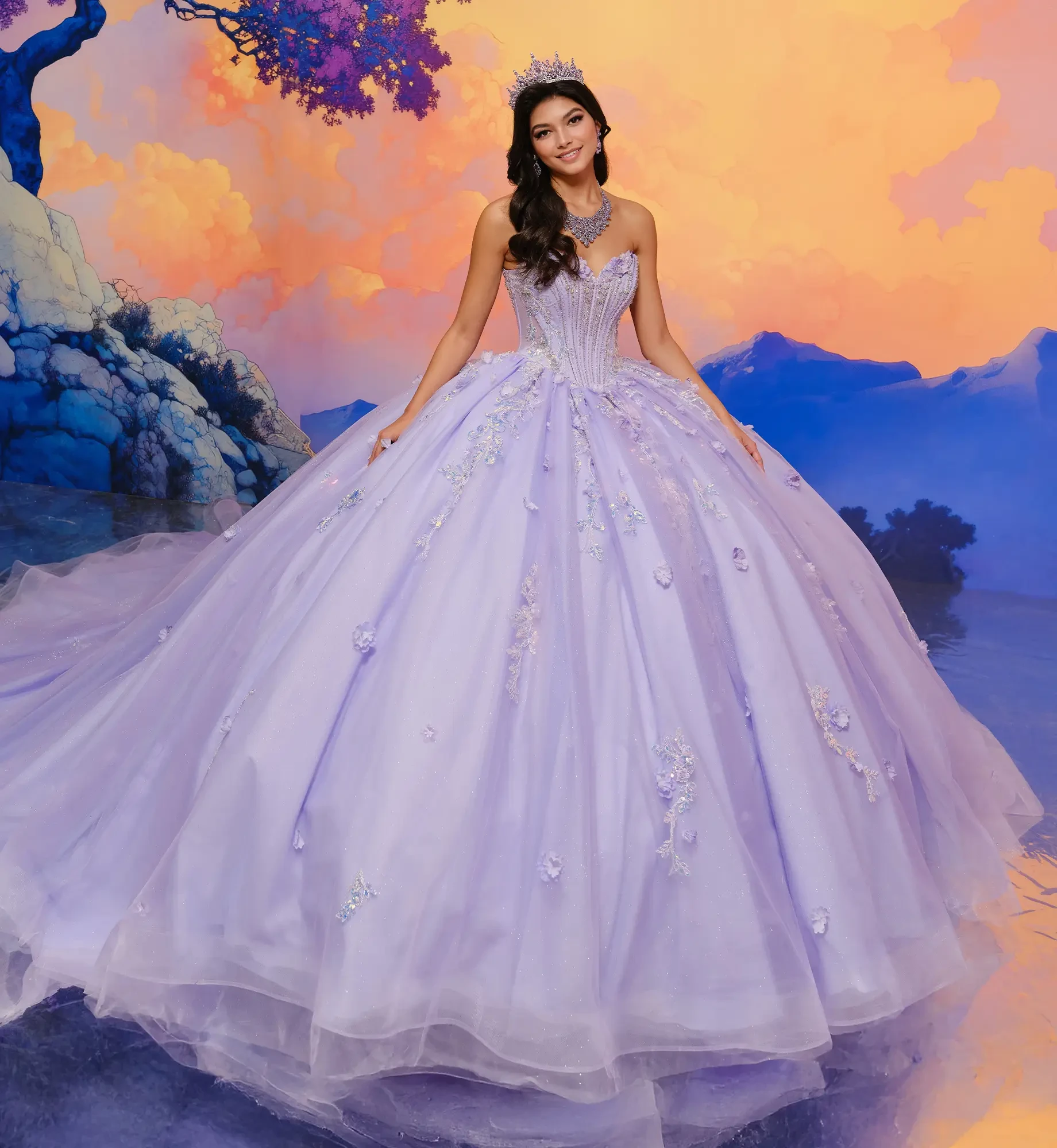 Basque waist quinceanera ball gown 3D flowers Ornate beadwork