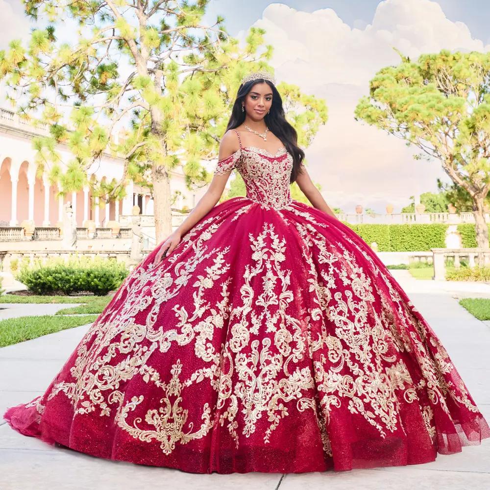 3D Flowers Red Quinceanera Dresses Glitter Sequins Sweet 15 Prom Party Ball  Gown | eBay