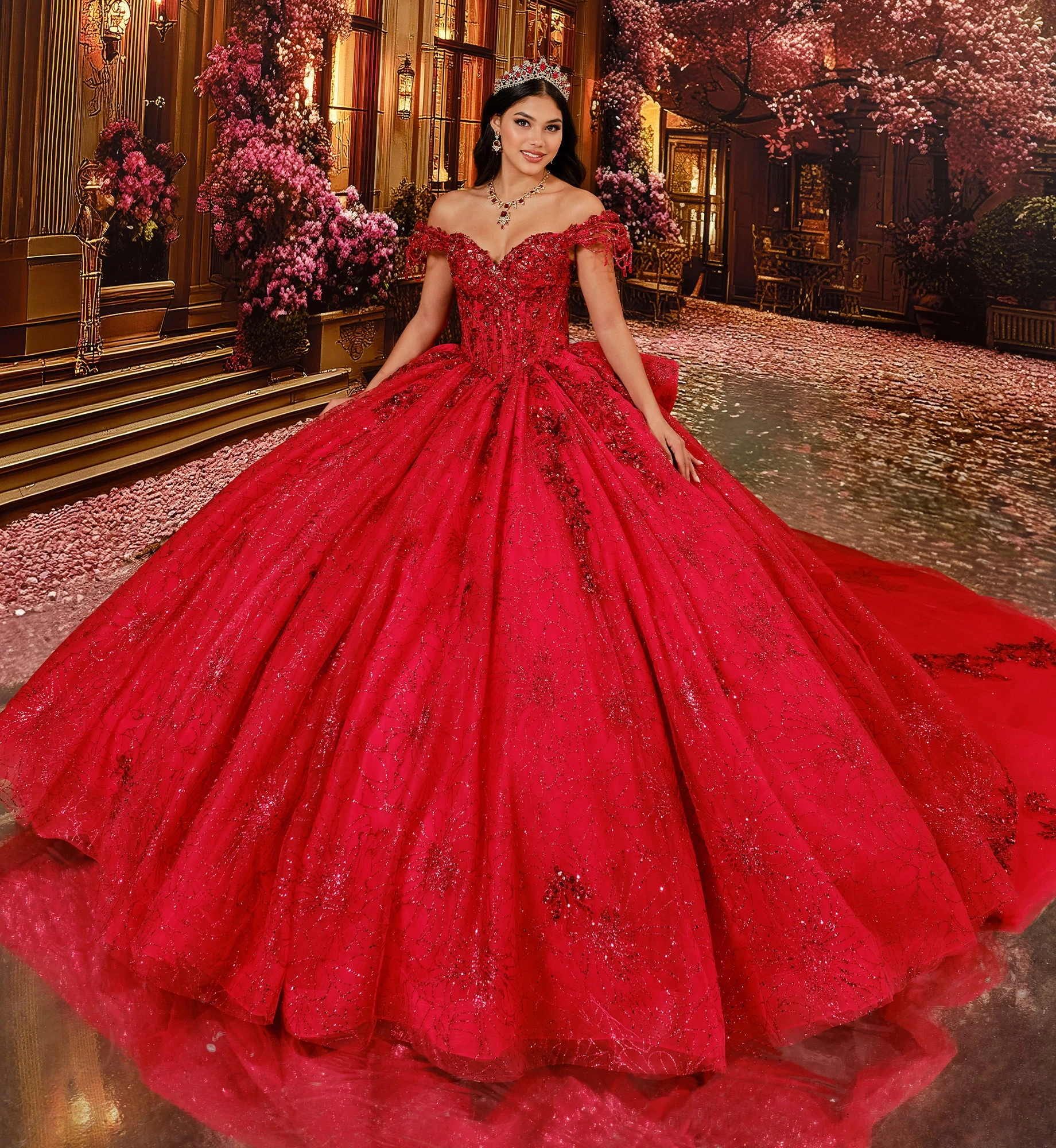 15 dresses red Red Quinceanera Dresses Sweet 15 3D Flowers Glitter Sequin Prom Party Ball Gown