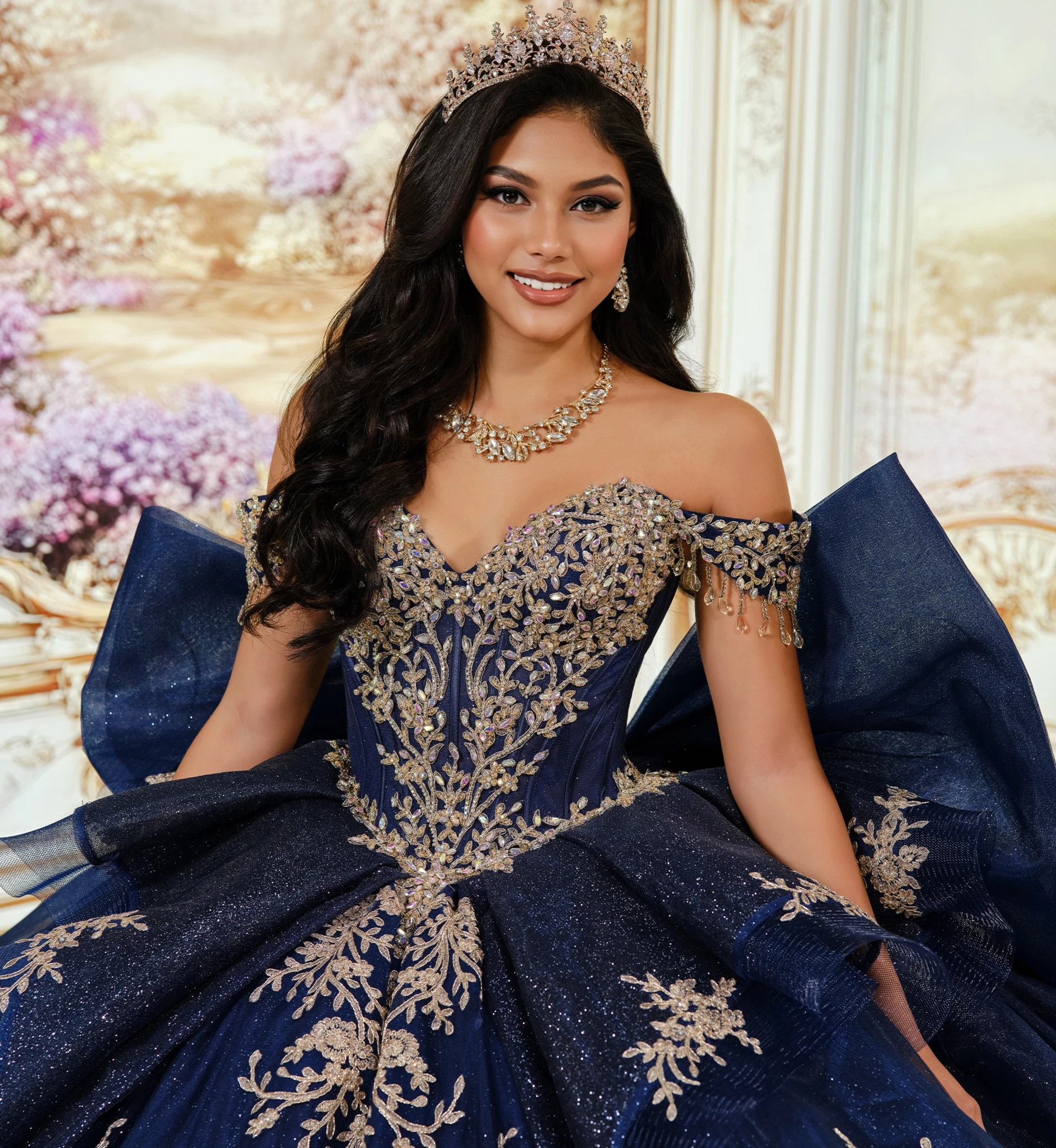 Chandelier sleeve quinceanera ball gown with stunning bow accents