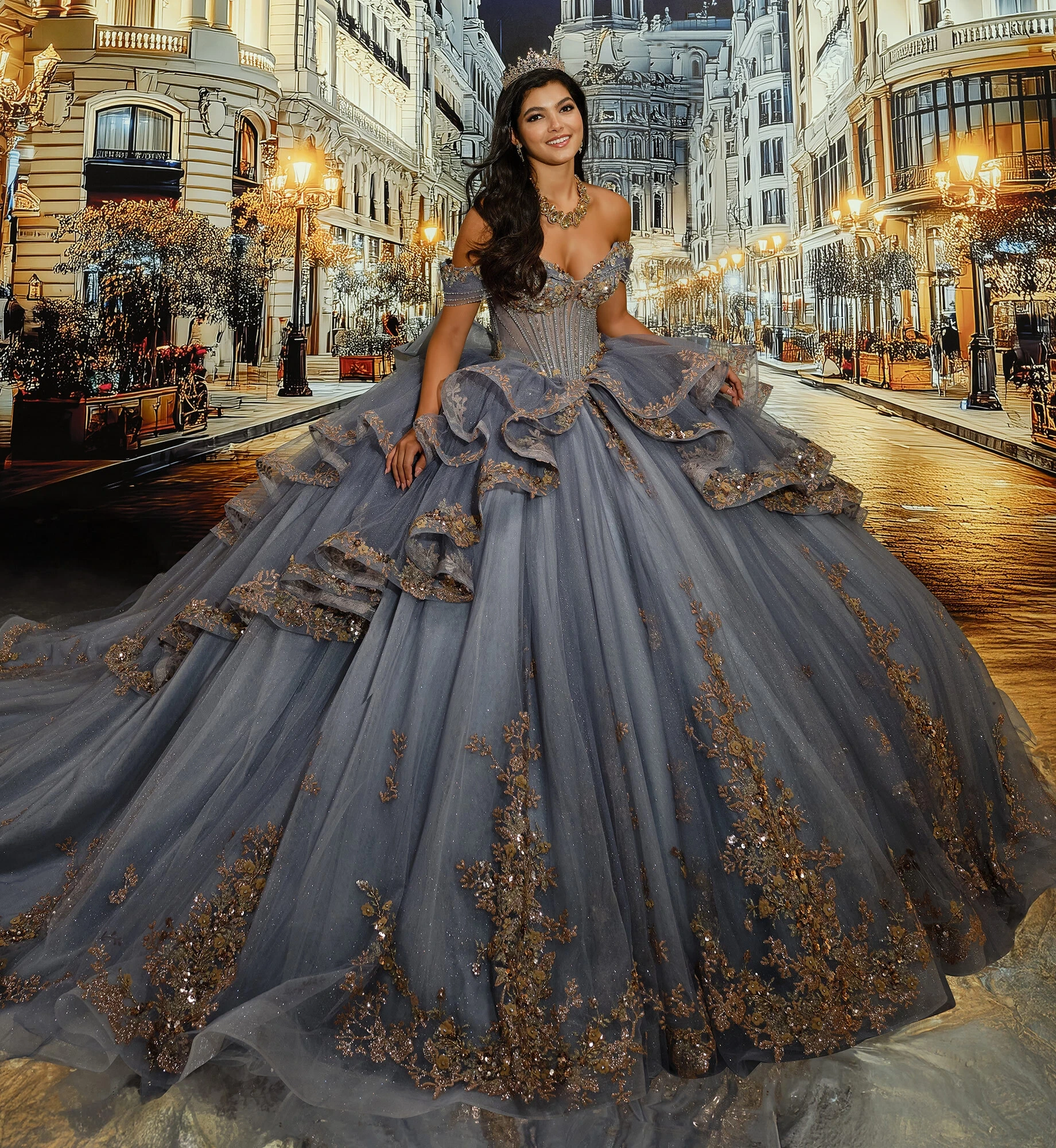 fitted lace wedding dress Rachel Allan RQ3153 Long Ball Gown 3D Flower Glitter Quinceanera Dress